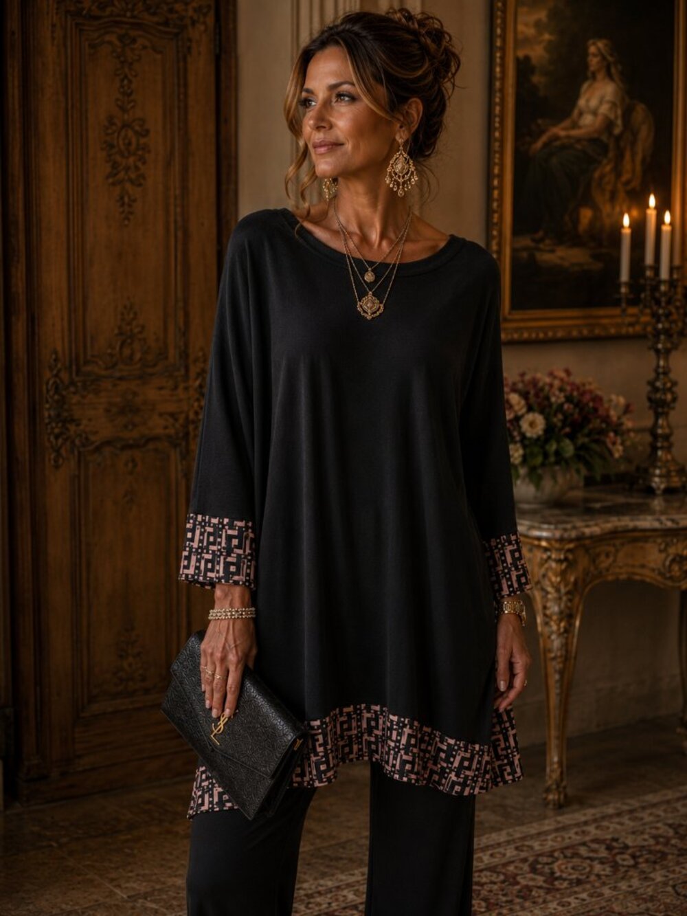 new directions Black Pullover Tunic with Geometric Hem